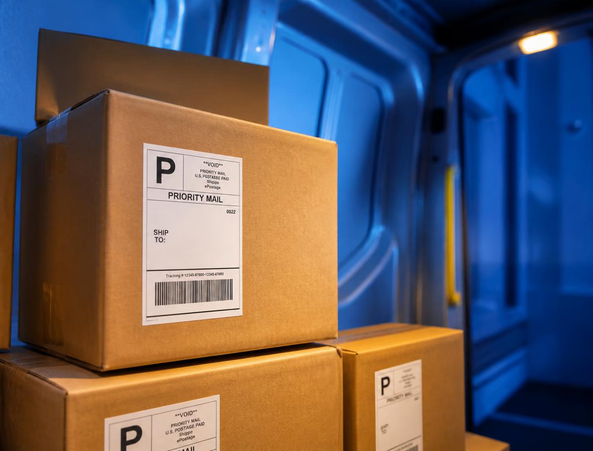 Colis étiquetés prêts à être livrés dans une camionnette